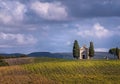 Cappella della Madonna di Vitaleta curch losted in endless Tuscany fields. Famous landmark place in Italy Royalty Free Stock Photo