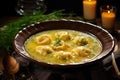 cappelletti in brodo. Traditional italian soup on wooden table