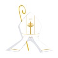 White and gold miter with gold episcopal crosier