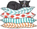 Cector sketch of a black cat sitting on a pile of cushions
