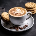 Cappuccino and biscuits in a white cup on a black background. Blur. AI generated