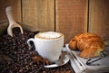 Cappuccino, brioches and newspaper with background