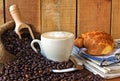 Cappuccino, brioches and newspaper with background