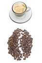 Cappuccino, brown sugar and coffee beans on white