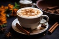 Cappuccino with cinnamon and star anise on dark background, A detailed shot of a creamy sweet potato latte garnished with cinnamon