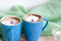 Cappuccino coffee in beautiful blue cups. Spring mood with a Cup of coffee. Royalty Free Stock Photo