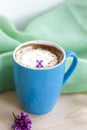 Cappuccino coffee in beautiful blue cups. Spring mood with a Cup of coffee. Royalty Free Stock Photo