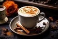 Cappuccino coffee with cinnamon and star anise on dark background, A detailed shot of a creamy sweet potato latte garnished with