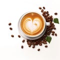 Cappuccino coffee cup and beans on a white background