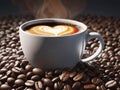 Cappuccino coffee cup on a bed of roasted whole coffee beans. Top view photo. Food background with copy space Royalty Free Stock Photo
