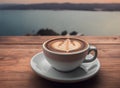 cappuccino coffee cup on wooden table and sea view generative AI illustration