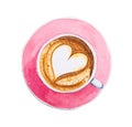 Cappuccino coffee with heart decoration in ceramic cup. Hand drawn watercolor Royalty Free Stock Photo