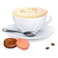 Cappuccino cup with hearts design on top and macaroons isolated on white background. Vector illustration.