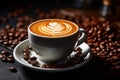 a cappuccino cup with latte art on a dark table with coffee beans Royalty Free Stock Photo