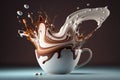 A cappuccino cup of liquid chocolate with milk, splashes of milk and chocolate in dynamic composition, aromatic coffee splashing