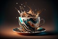 A cappuccino cup of liquid chocolate with milk, splashes of milk and chocolate in dynamic composition, aromatic coffee splashing