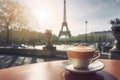 Cappuccino cup on table with tour Eiffel scenic view. Generate ai