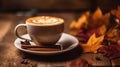 a cappuccino cup with on warm autumnal backdrop