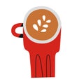 Cappuccino doodle cup, red mug with capuccino coffee drink with milk foam, hand drawn icon, isolated vector illustration