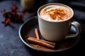 Cappuccino or latte coffee with cinnamon on dark background, A detailed shot of a creamy sweet potato latte garnished with