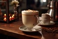 cappuccino latte coffee cup on wooden table in cafe commercial with bokeh background Royalty Free Stock Photo