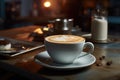 cappuccino latte coffee cup on wooden table in cafe commercial with bokeh background Royalty Free Stock Photo