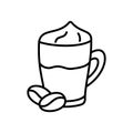 Cappuccino, latte or dalgona coffee. Doodle icon of cup, whipped milk, beans. Cartoon hand drawn illustration of two-layer drink.