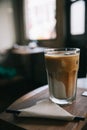 cappuccino or Latte ice coffee made from milk on the wooden table in coffee shop