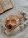 Cappuccino, macarons, book and crem vibe Royalty Free Stock Photo