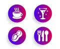 Cappuccino, Peanut and Cocktail icons set. Food sign. Espresso cup, Vegetarian nut, Martini. Cutlery. Vector