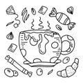 Cappuccino set in hand drawn style, tea, coffee, macchiato in different shapes