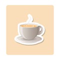 Cappuccino sticker illustration. Cup, saucer, coffee, steam. Editable vector graphic design.