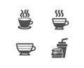 Cappuccino, Tea cup and Cafe creme icons. Hamburger sign. Coffee cup, Coffee mug, Burger with drink. Royalty Free Stock Photo