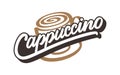 Cappuccino text. Hand drawn vector logo with lettering typography and cup of cappuccino isolated on white background