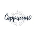 Cappuccino vintage emblem.handwritten text on vintage sun rays