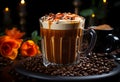 Cappuccino with whipped cream and caramel on a dark background