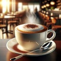 Cappuccino in a white cup with a blurred cafe background, steam rising. AI generated. Royalty Free Stock Photo