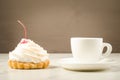 Cappuccino white cup and fresh cake with cherry/cappuccino white Royalty Free Stock Photo