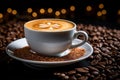 a cappuccino in a white cup on a saucer with coffee beans on a black background Royalty Free Stock Photo