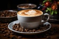 a cappuccino in a white cup on a saucer on a wooden table with coffee beans in the background Royalty Free Stock Photo