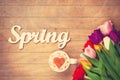 Cappuccino and word Spring near flowers