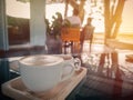 Cappucino cup with tea cup on blurred coffee shop or cafe restaurant.For create montage product display. Royalty Free Stock Photo