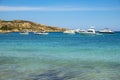 Caprera Island and Spiaggia I Due Mari beach at the Tyrrhenian Sea coastline with Caprera harbor and La Maddalena archipelago in