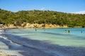 Caprera Island and Spiaggia I Due Mari beach at the Tyrrhenian Sea coastline with Caprera harbor and La Maddalena archipelago in