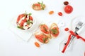 Caprese Bruschetta toast with mozzarella cheese, cherry tomatoes and fresh garden Basil.Traditional Italian food, healthy natural Royalty Free Stock Photo