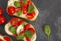 Caprese bruschetta toasts with mozzarella, cherry tomatoes and fresh garden basil.Traditional italian appetizer or snack Royalty Free Stock Photo