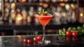 Caprese Martini - Alcoholic cocktail made from tomato juice and vodka in a martini glass with basil. Salad in a glass