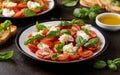 Caprese salad with cherry plum tomatoes, mozzarella cheese and basil. Healthy vegetarian food Royalty Free Stock Photo