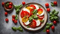 Caprese salad gourmet mediterranean cuisine italian basil table mozzarella cheese vegetable tomato Royalty Free Stock Photo