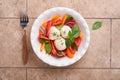 Caprese salad. Italian caprese salad with sliced tomatoes, mozzarella cheese, basil, olive oil in white plate over old brick tiles Royalty Free Stock Photo